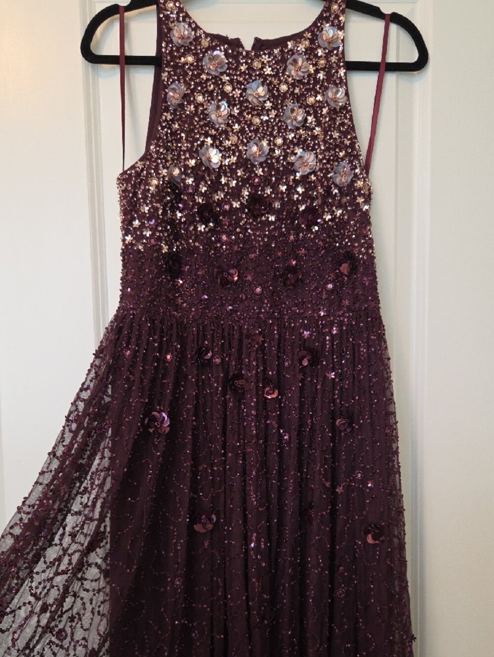 Adrianna Papell Deep Plum Beaded Tulle Maxi Dress